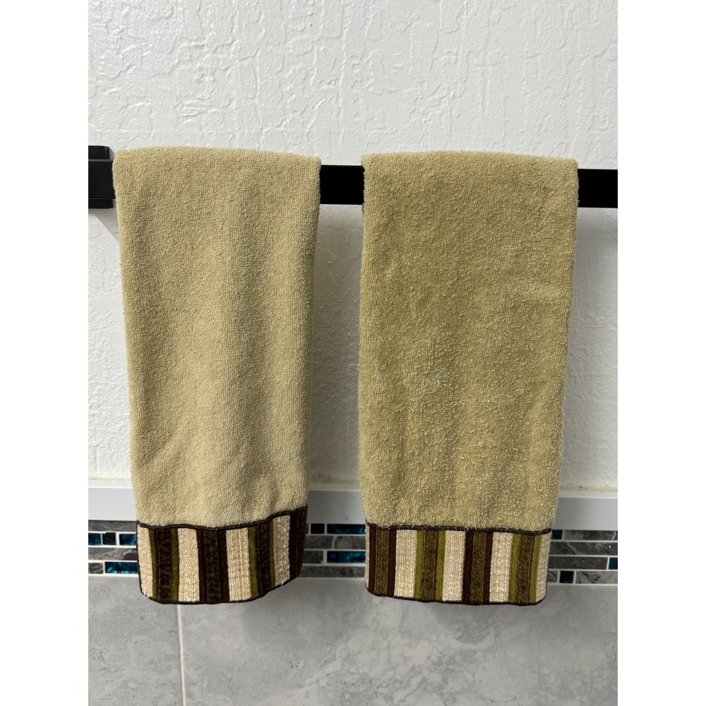 Avanti Linens Sage Green Striped Border Hand Towels 100% Cotton Set of 2 Canada